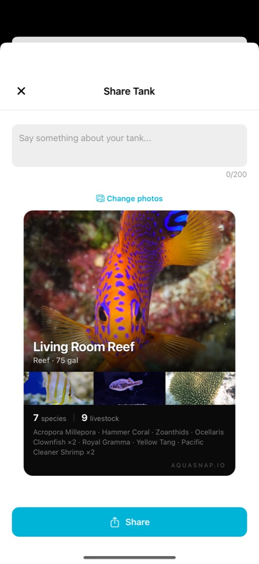 A tank card for Living Room Reef, a 75 gallon reef with 7 species and 9 livestock