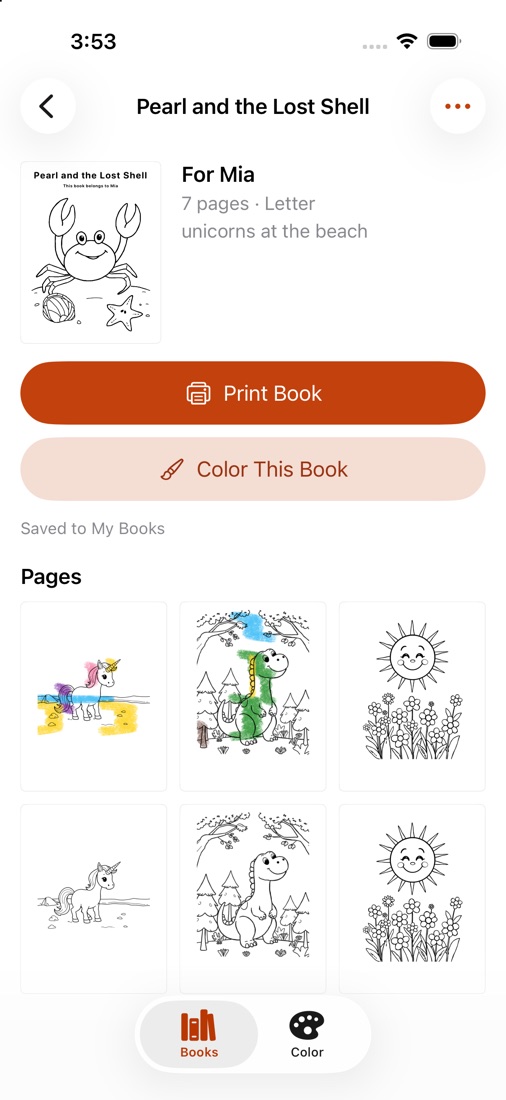 A finished book: its cover, Print Book, Color This Book and the pages