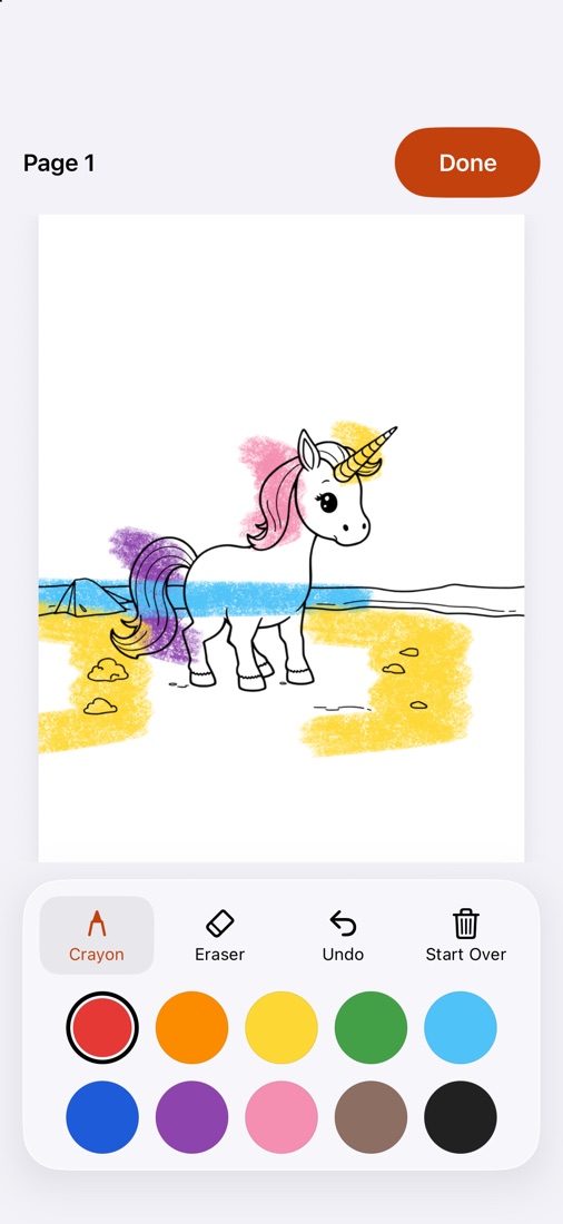 Coloring a unicorn page on screen with ten crayon colors