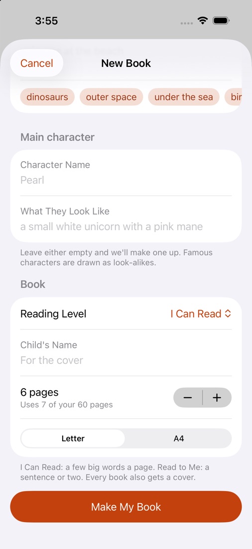 New Book: the character, reading level, child's name, pages and page size